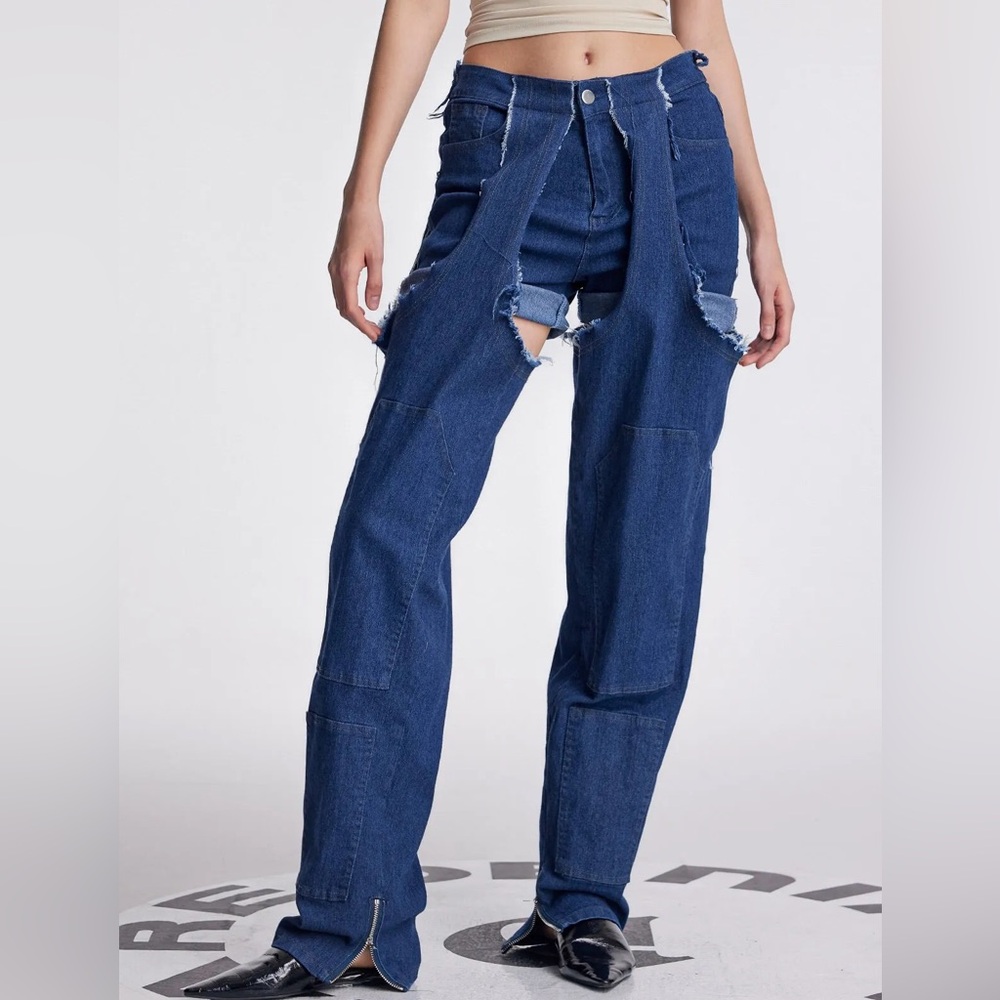 Innovare denim deconstructed asymmetrical fringe dark wash jeans